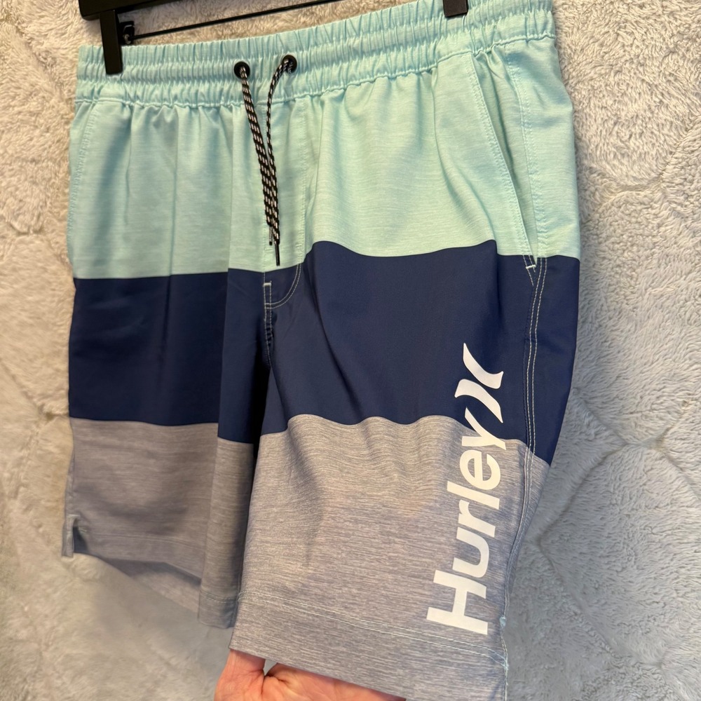 Y2K Hurley Men's Medium Board Shorts AquaBlueGray Colorblock Swim Trunks Stretch